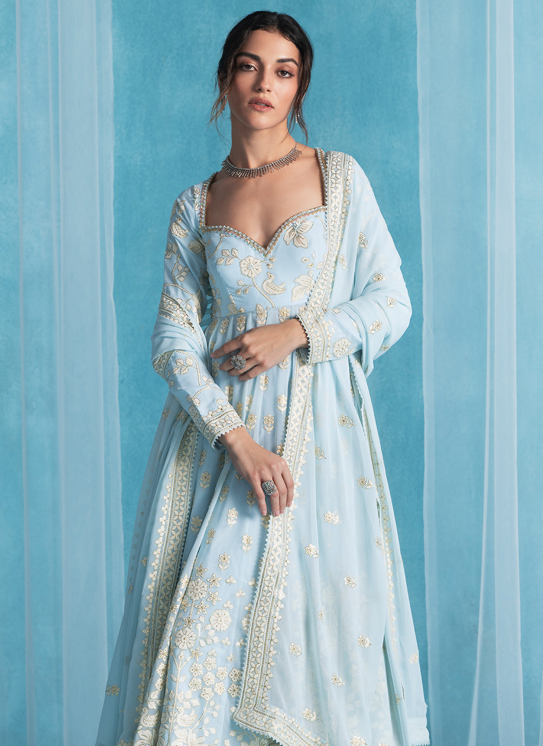 Sky Blue Embroidered Georgette Anarkali