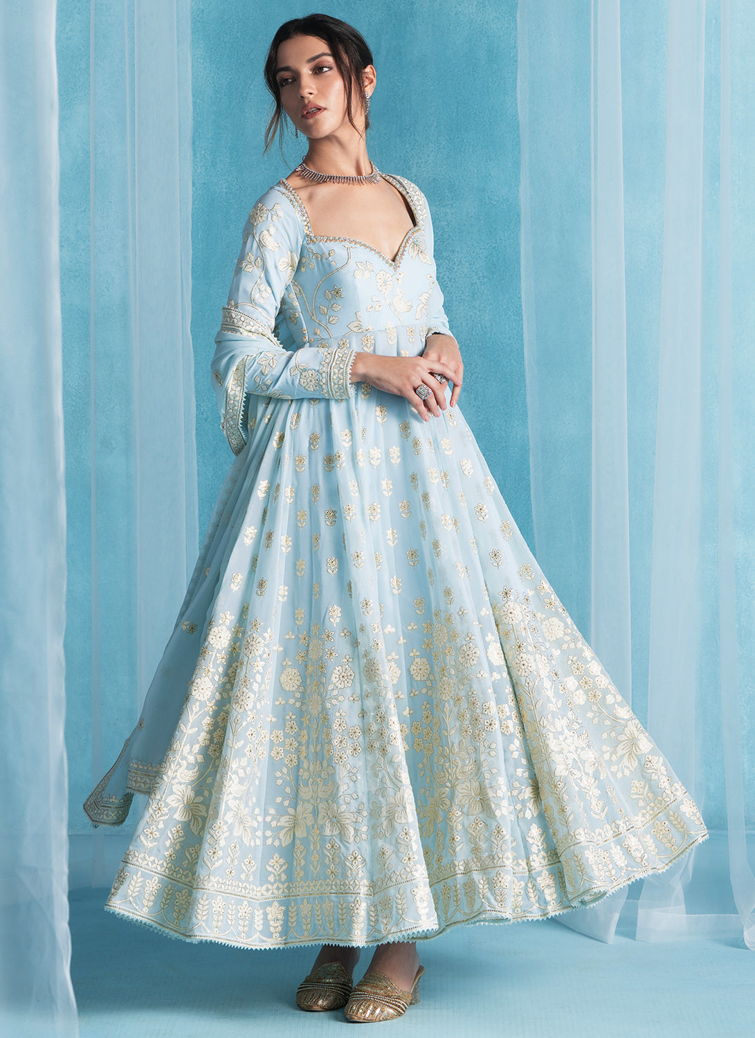 Sky Blue Embroidered Georgette Anarkali