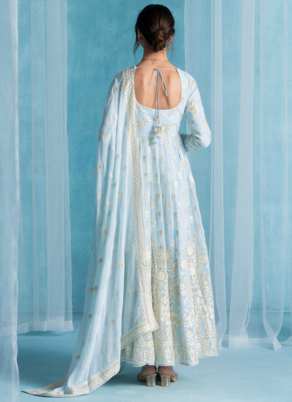 Sky Blue Embroidered Georgette Anarkali