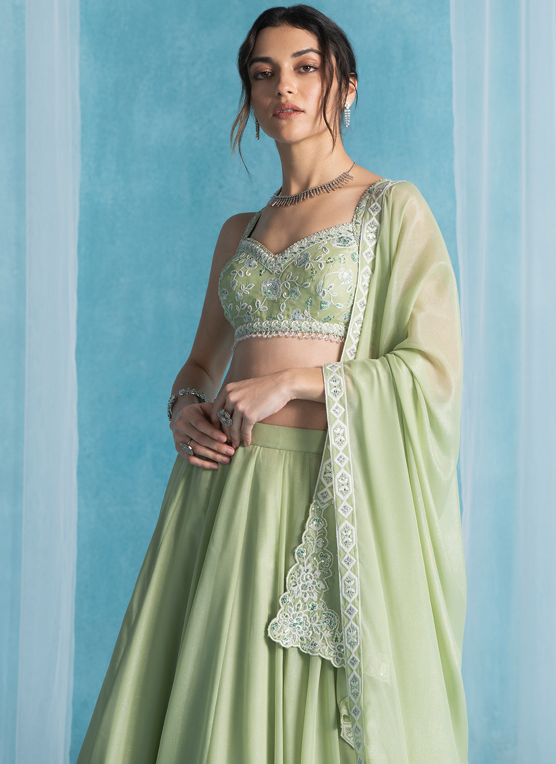 Light Green Embroidered Georgette Lehenga