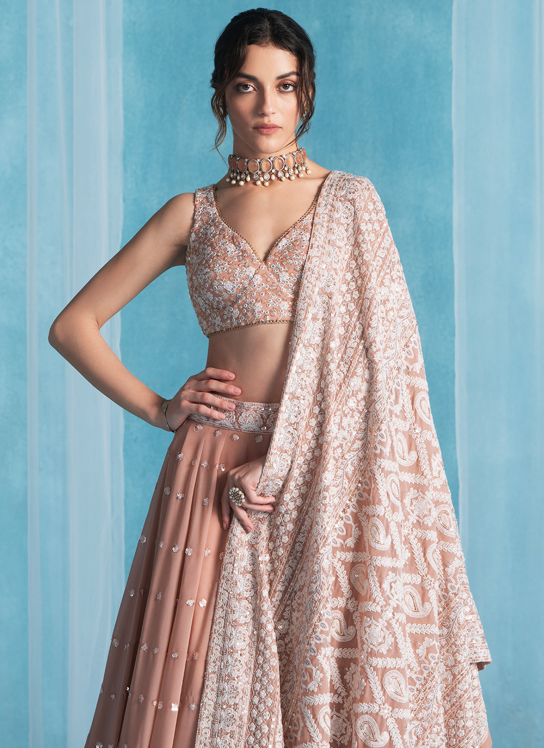 Dusty Peach Embroidered Lucknowi Lehenga