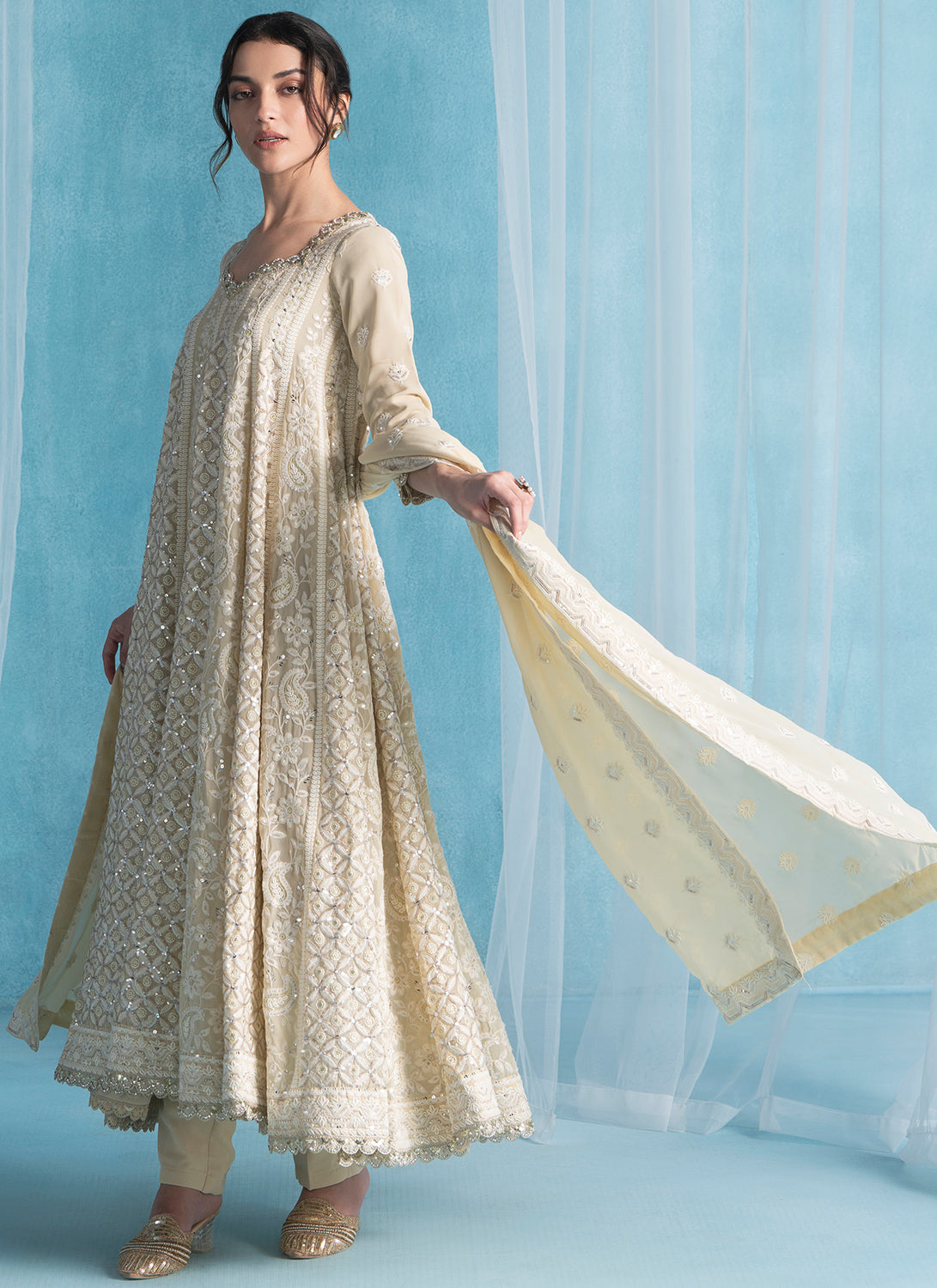 Dusty Beige Embroidered Lucknowi Anarkali