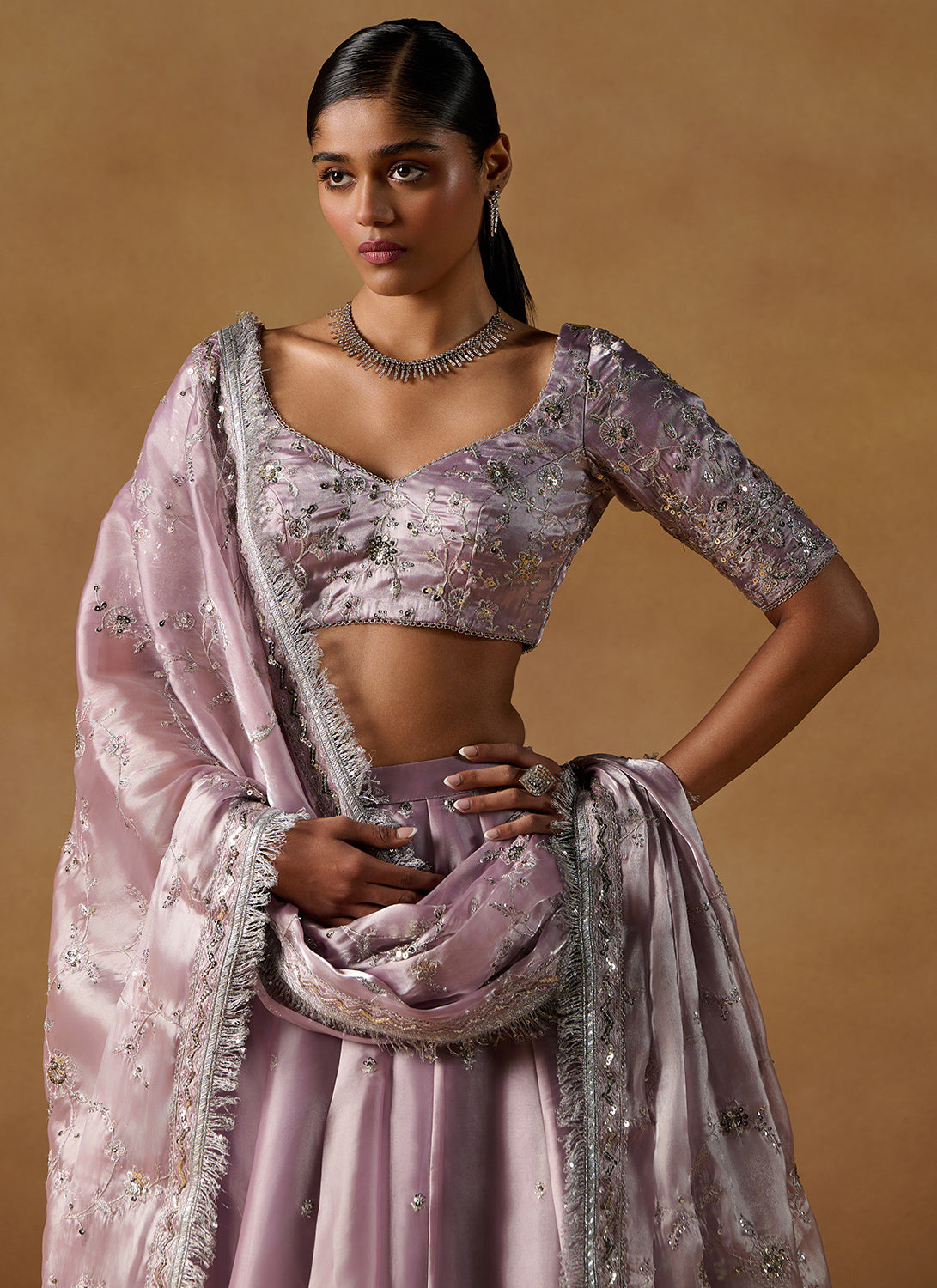 Lilac Embroidered Tissue Lehenga