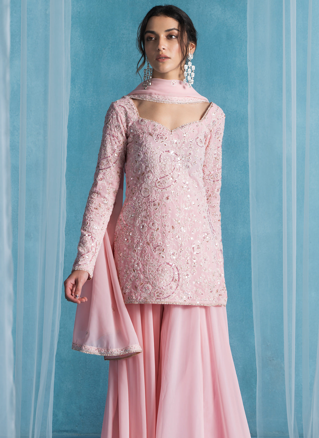 Light Pink Embroidered Lucknowi Sharara Suit