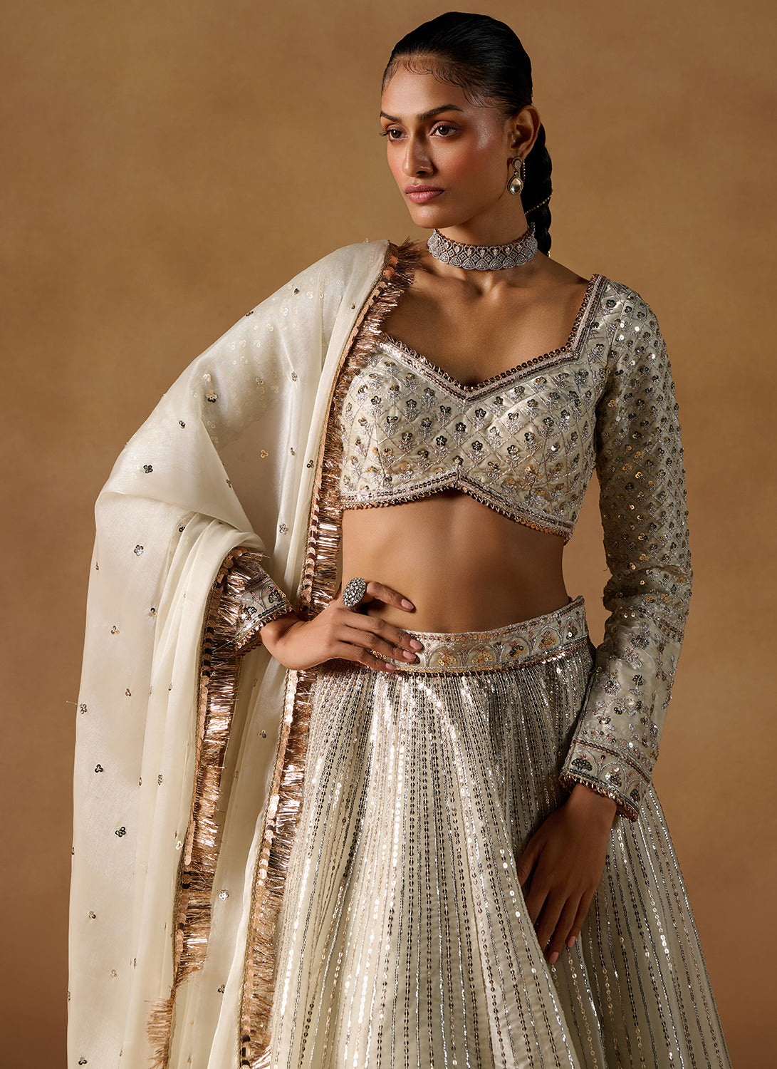 Ivory Embroidered Tissue Lehenga