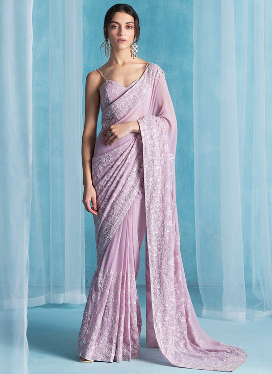 Dusty Pink Embroidered Georgette Saree