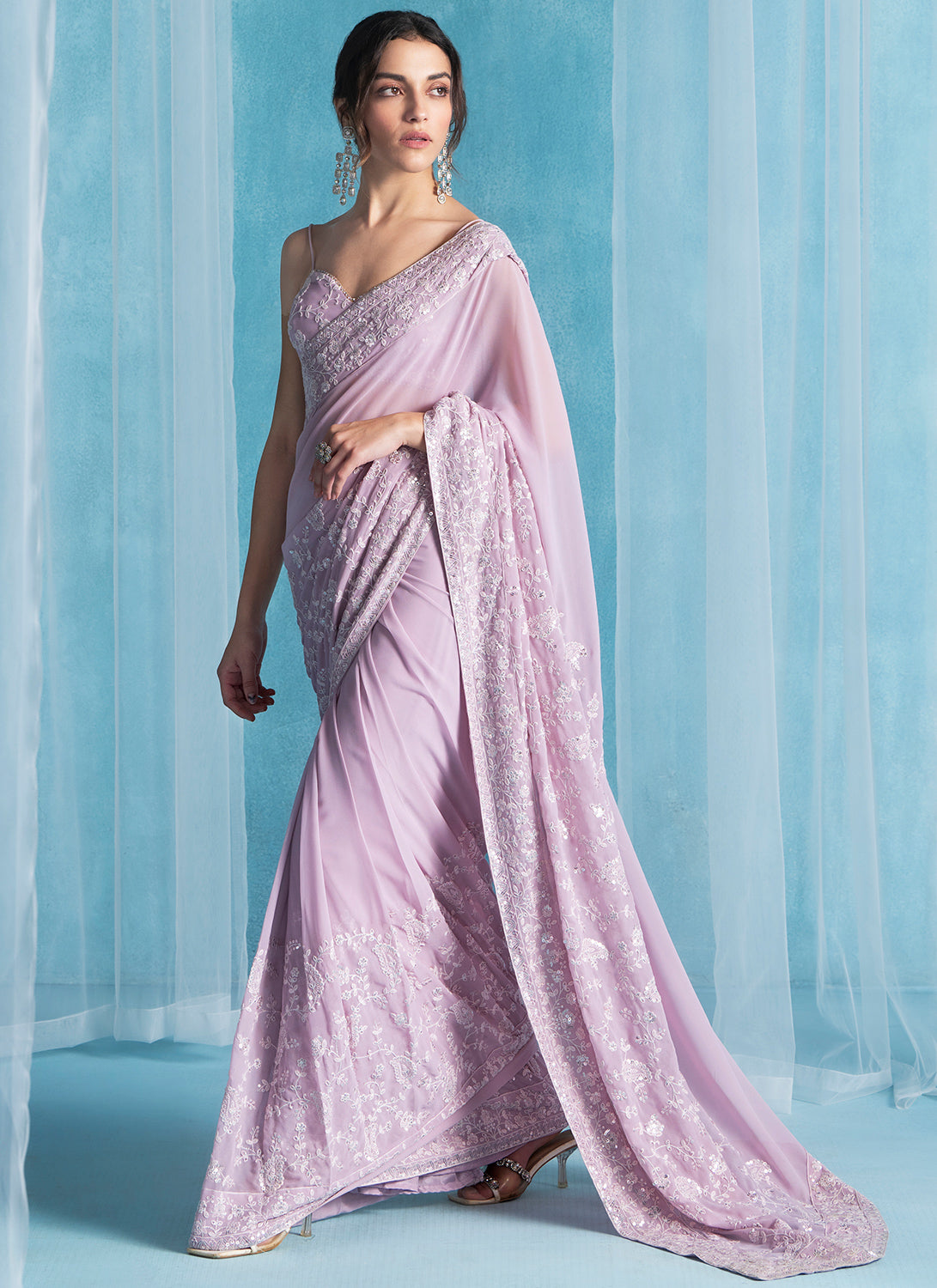 Dusty Pink Embroidered Georgette Saree