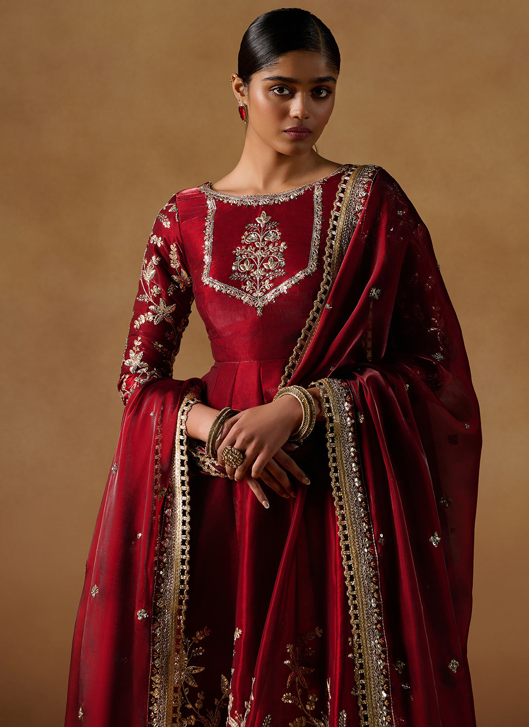 Red Embroidered Tissue Anarkali