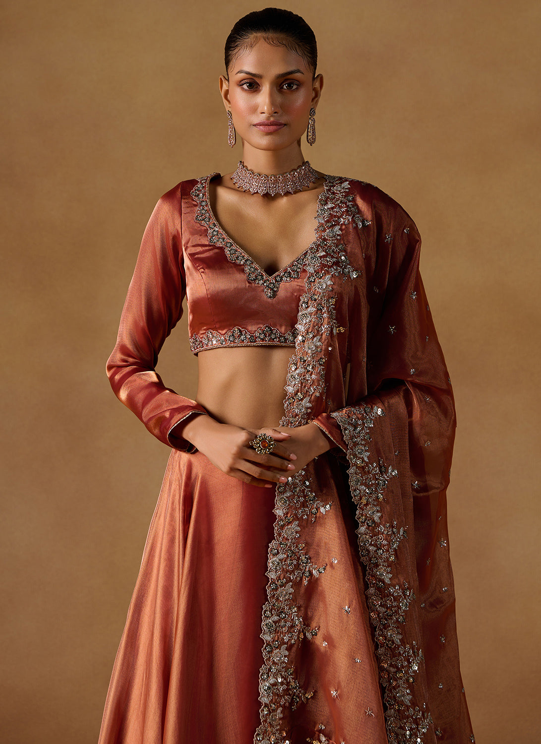 Rust Embroidered Tissue Lehenga