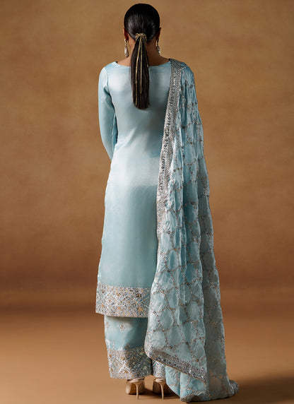 Blue Embroidered Tissue Palazzo Suit