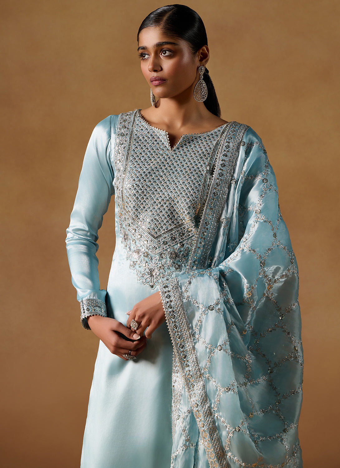 Blue Embroidered Tissue Palazzo Suit