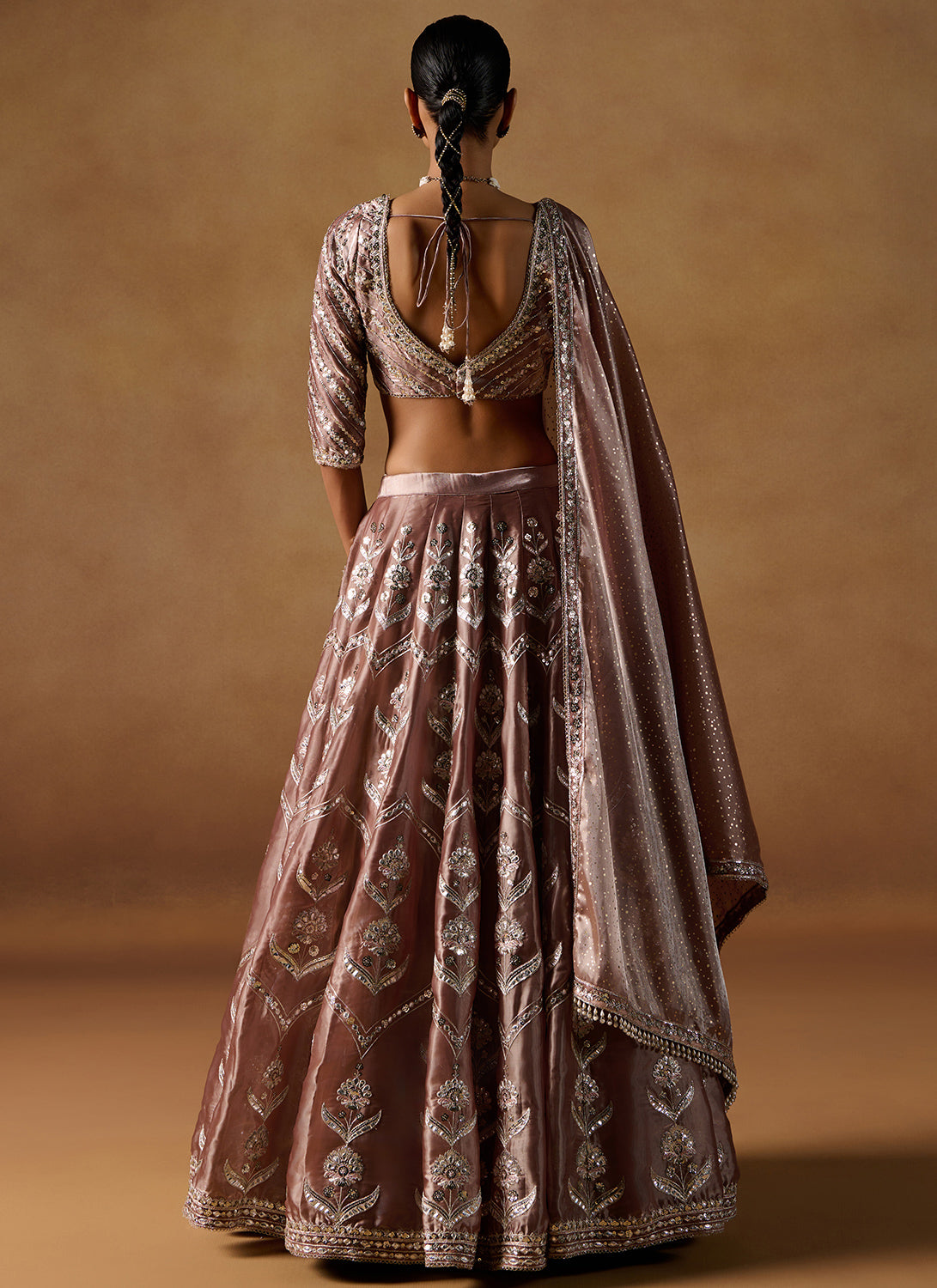 Brown Embroidered Tissue Lehenga