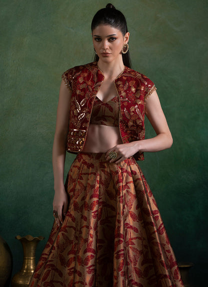 Maroon Embroidered Brocade Lehenga With Jacket