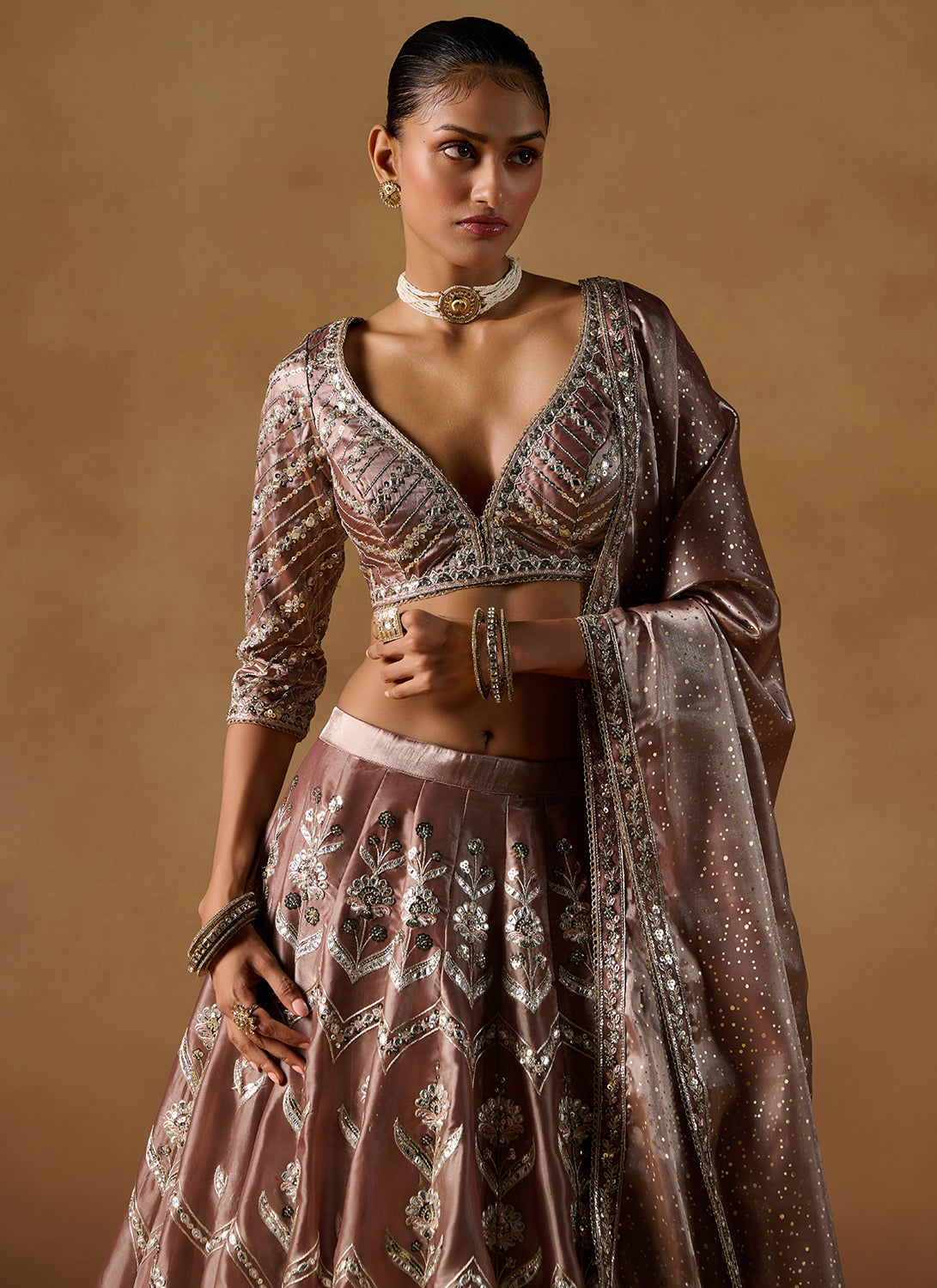 Brown Embroidered Tissue Lehenga