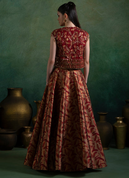 Maroon Embroidered Brocade Lehenga With Jacket