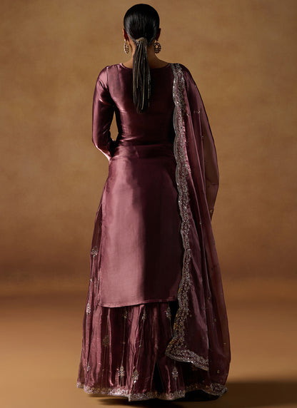 Deep Garnet Embroidered Tissue Sharara Suit