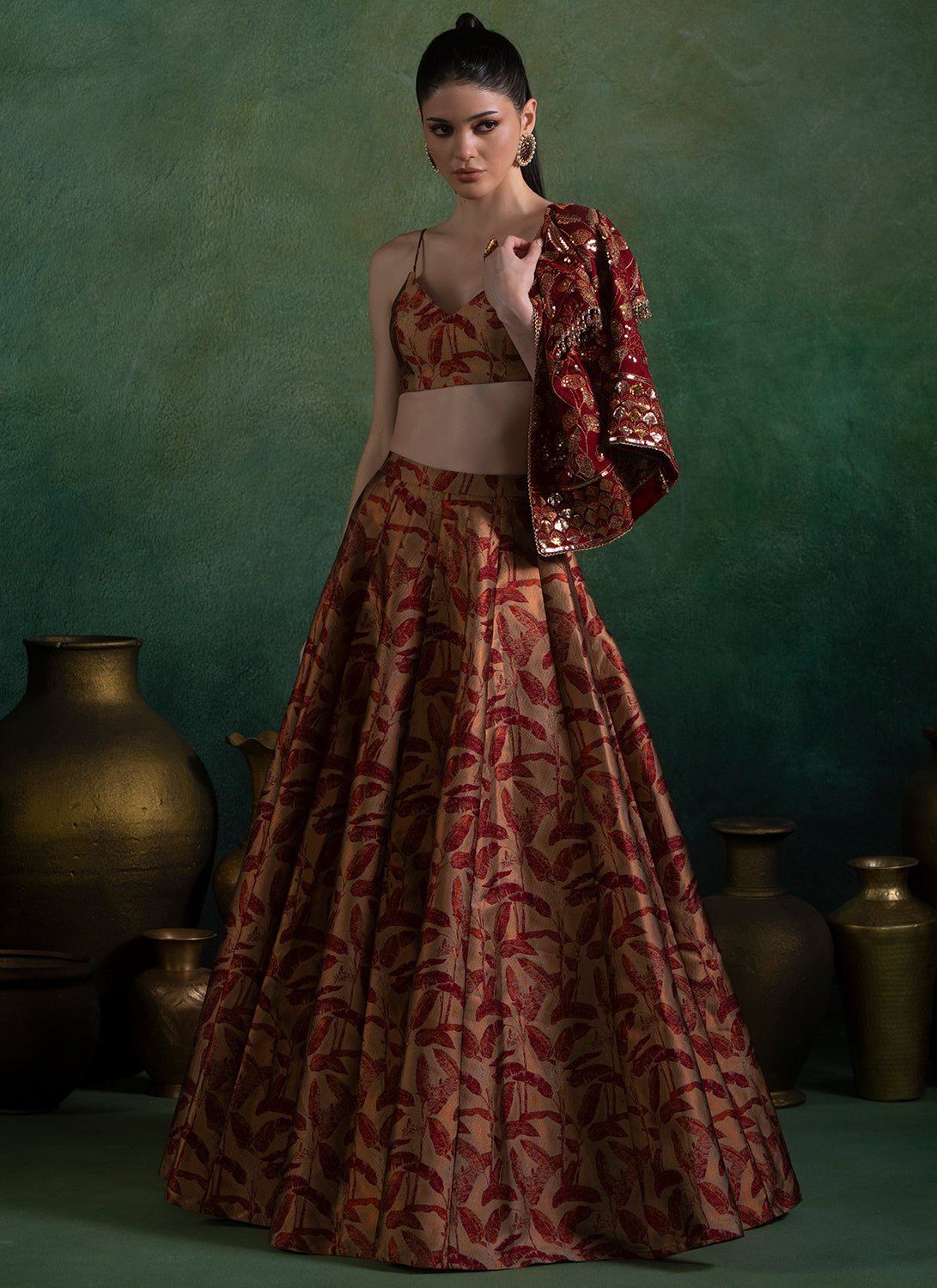 Maroon Embroidered Brocade Lehenga With Jacket