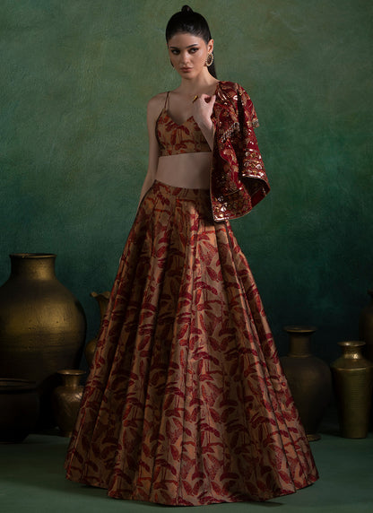 Maroon Embroidered Brocade Lehenga With Jacket