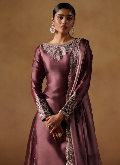 Deep Garnet Embroidered Tissue Sharara Suit