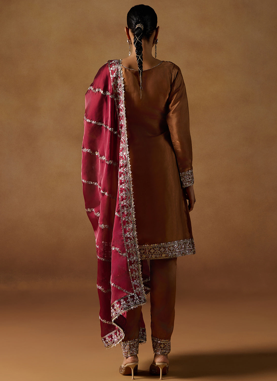 Rust Embroidered Tissue Straight Suit