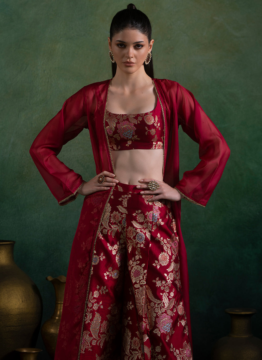 Cherry Red Embroidered Pant Set With Jacket