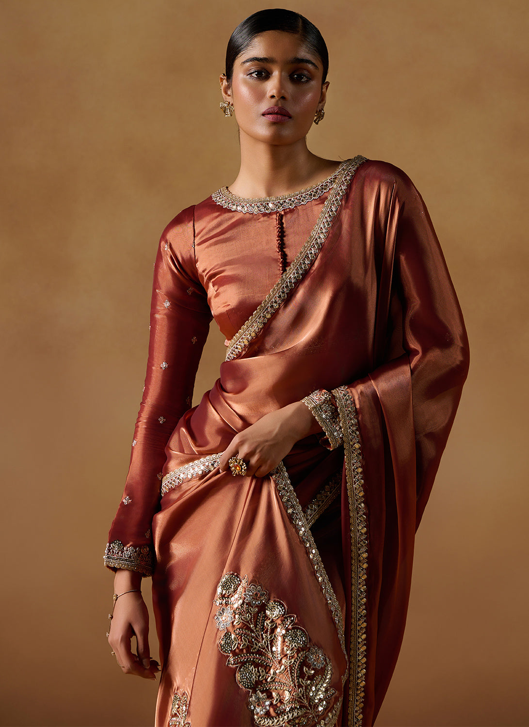 Rust Embroidered Tissue Saree