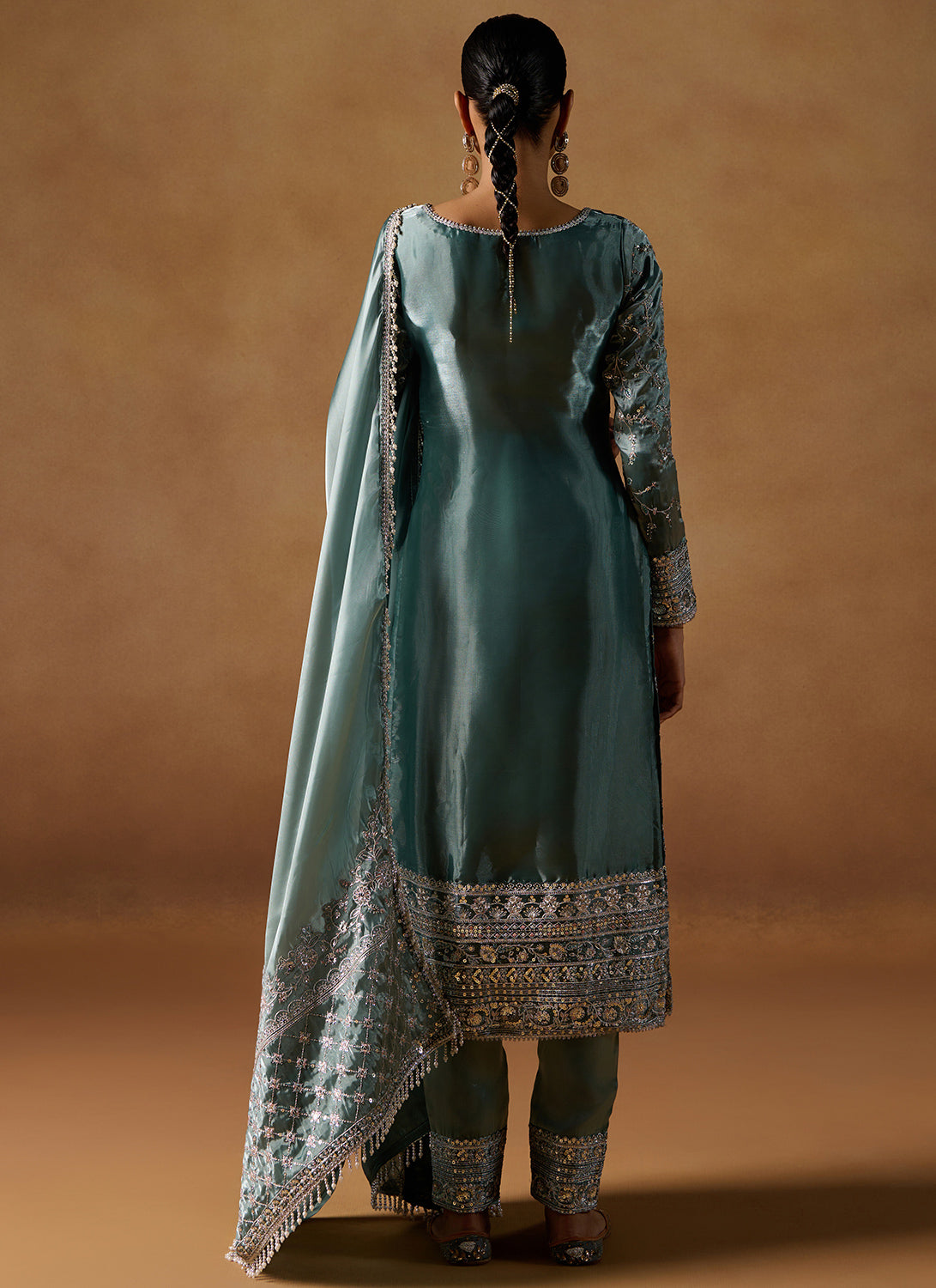 Light Teal Embroidered Tissue Straight Suit