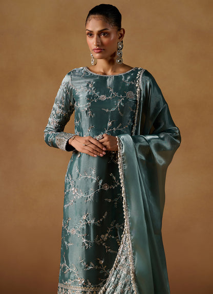 Light Teal Embroidered Tissue Straight Suit