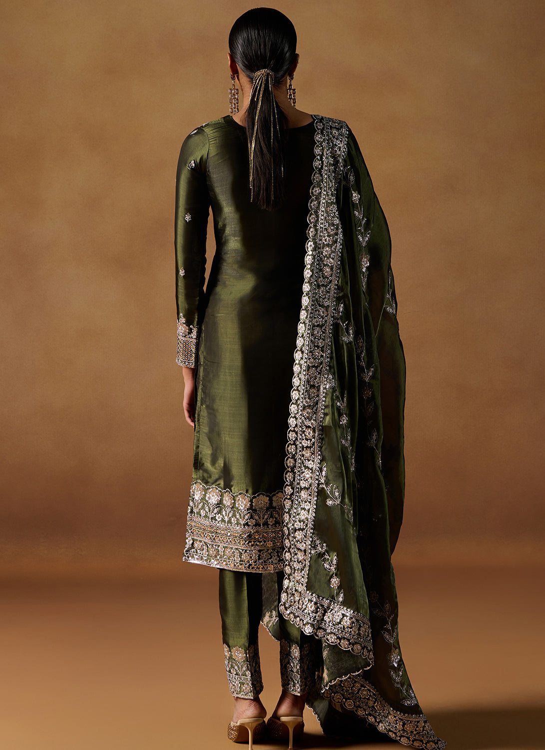 Dark Green Embroidered Tissue Straight Suit