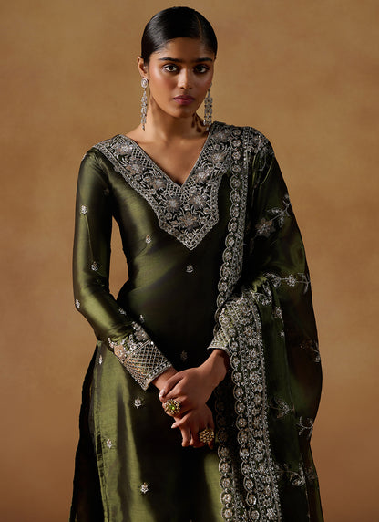 Dark Green Embroidered Tissue Straight Suit