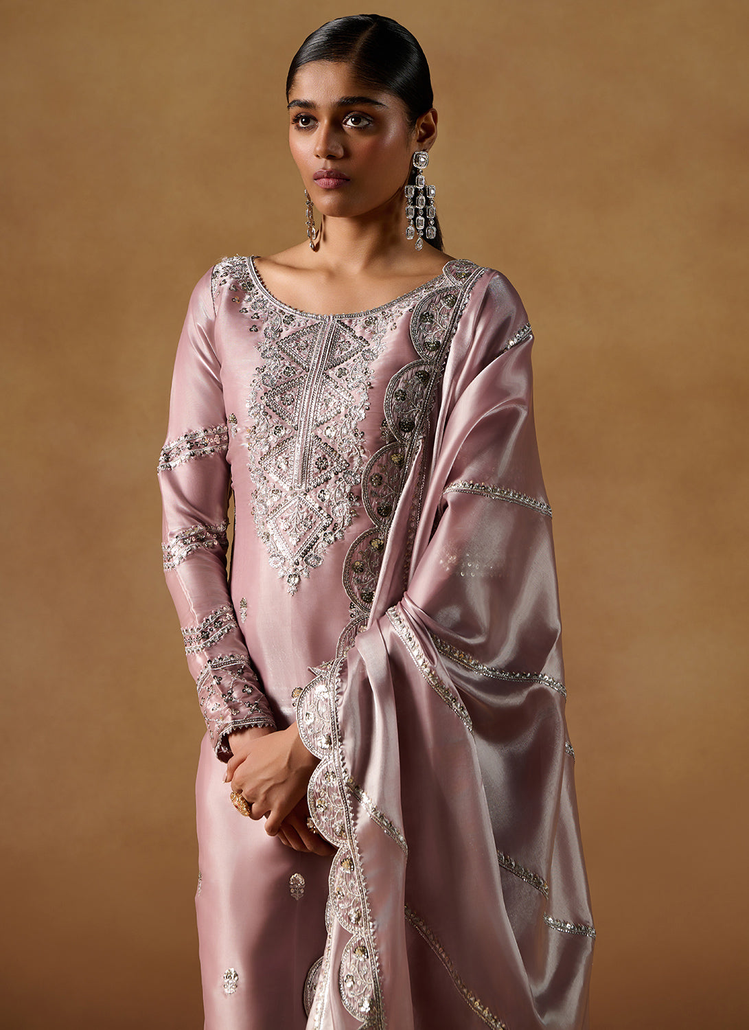 Dusty Pink Embroidered Tissue Palazzo Suit