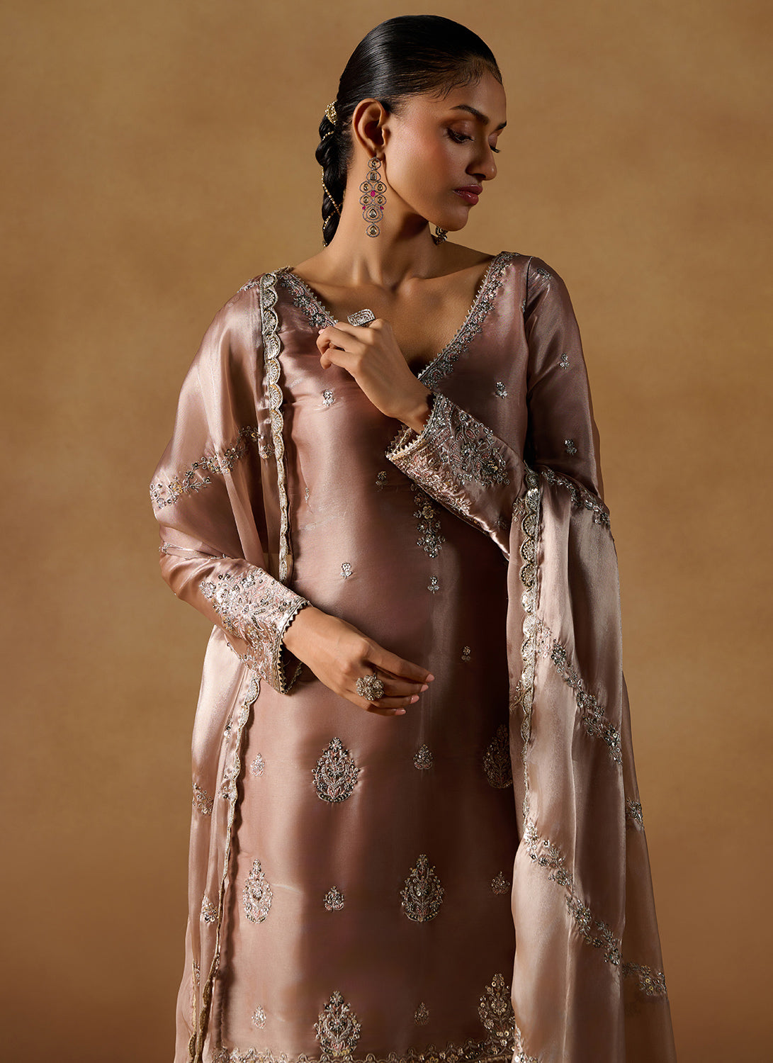 Dusty Brown Embroidered Tissue Punjabi Suit