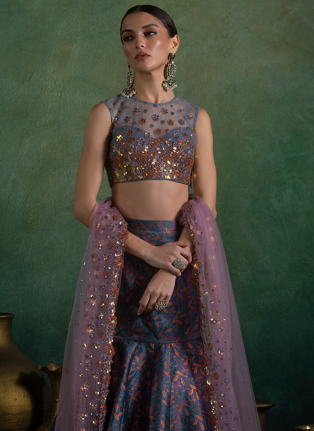 Grey Multicolor Fishcut Embroidered Brocade Lehenga