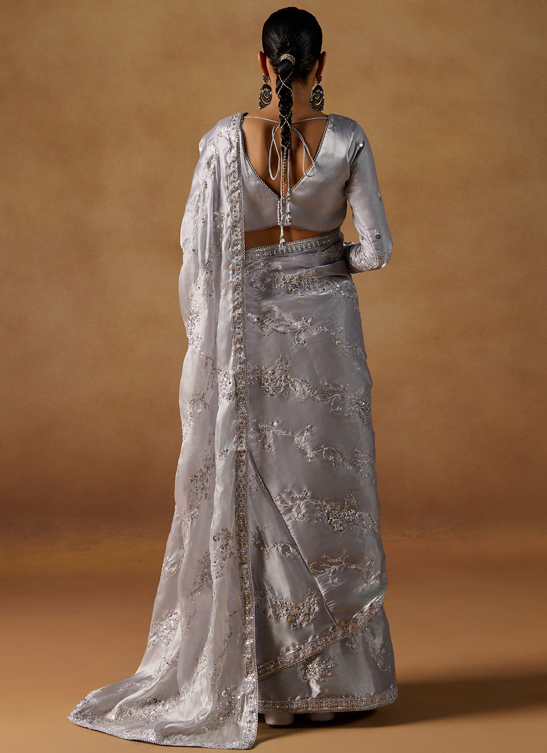 Grey Embroidered Tissue Saree