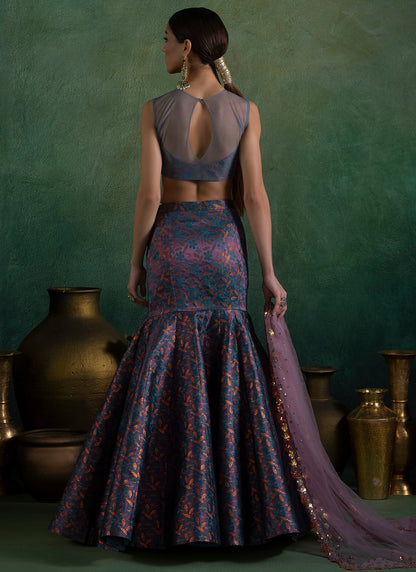 Grey Multicolor Fishcut Embroidered Brocade Lehenga