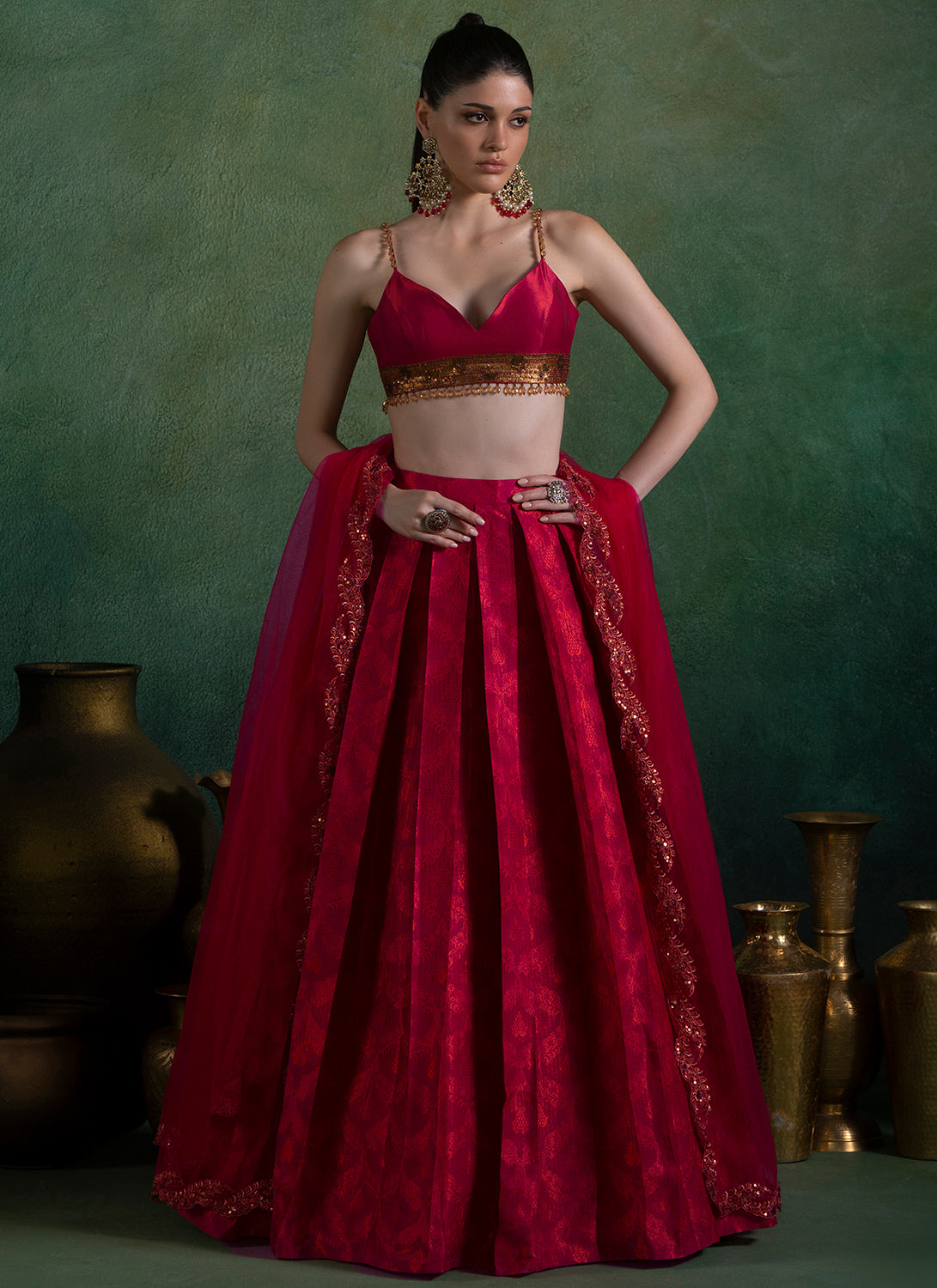 Hot Pink Embroidered Brocade Lehenga