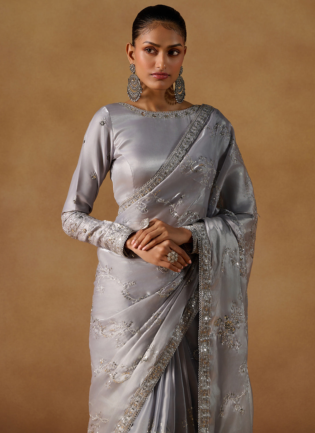 Grey Embroidered Tissue Saree