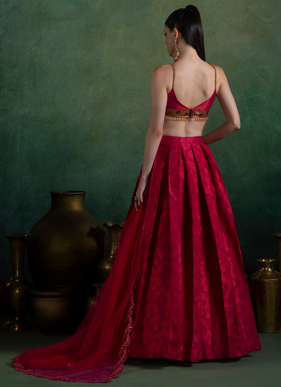 Hot Pink Embroidered Brocade Lehenga