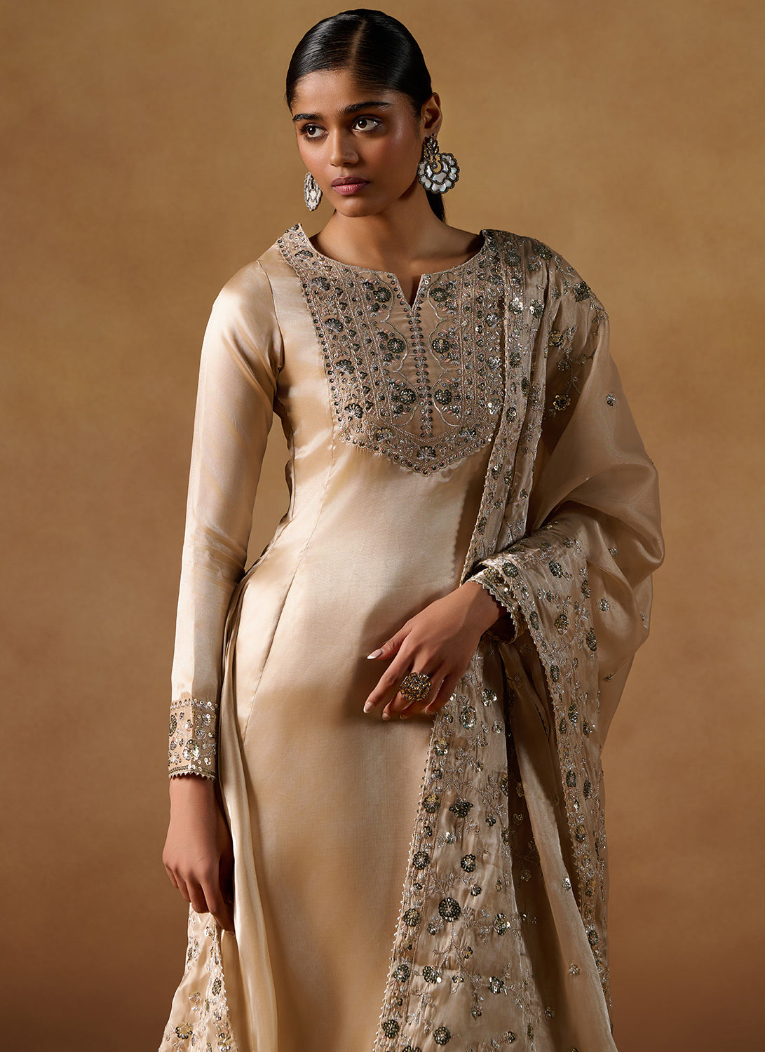 Beige Embroidered Tissue Palazzo Suit