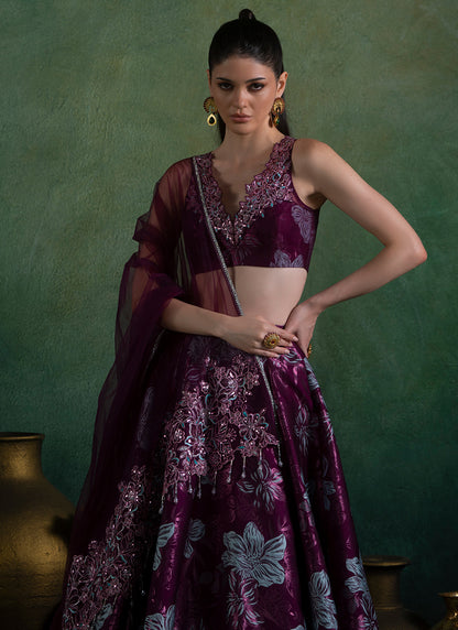 Wine Embroidered Brocade Lehenga