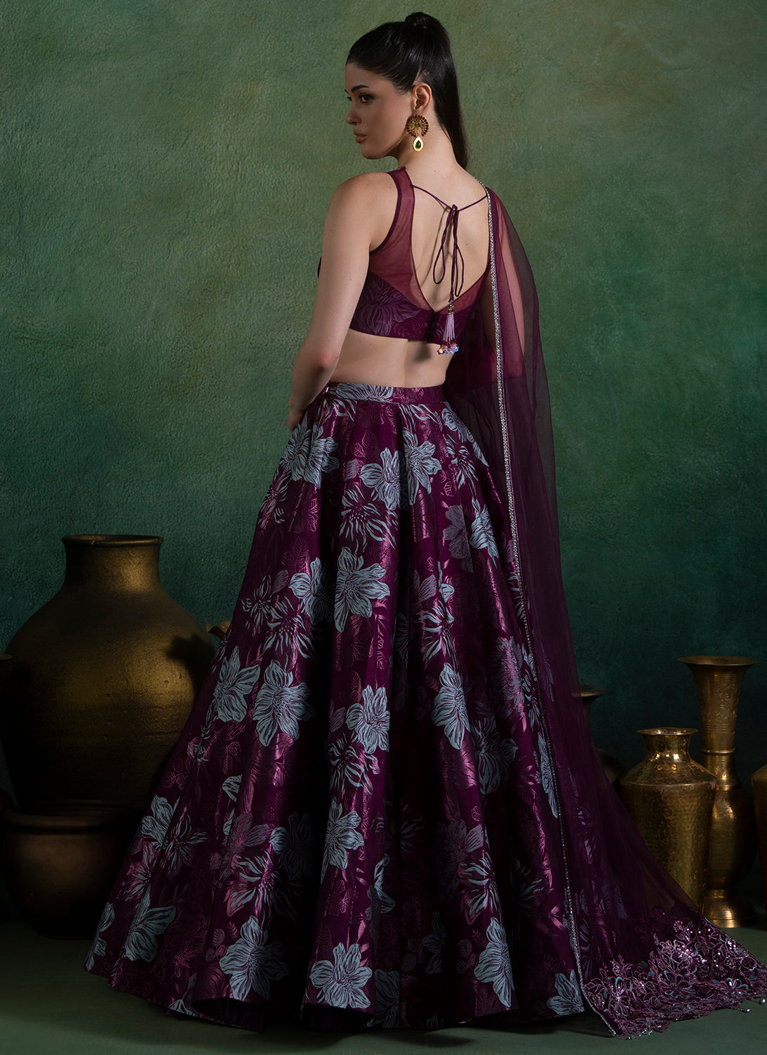 Wine Embroidered Brocade Lehenga