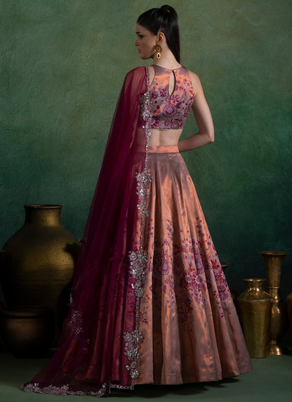 Dusty Peach and Magenta Embroidered Lehenga