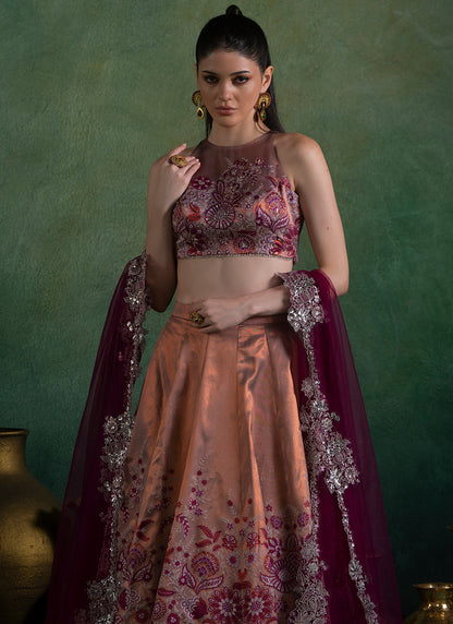 Dusty Peach and Magenta Embroidered Lehenga