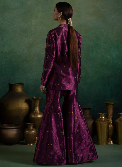 Purple Embroidered Gharara With Blazer