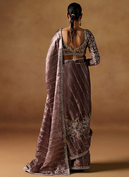 Dusty Brown Embroidered Tissue Saree