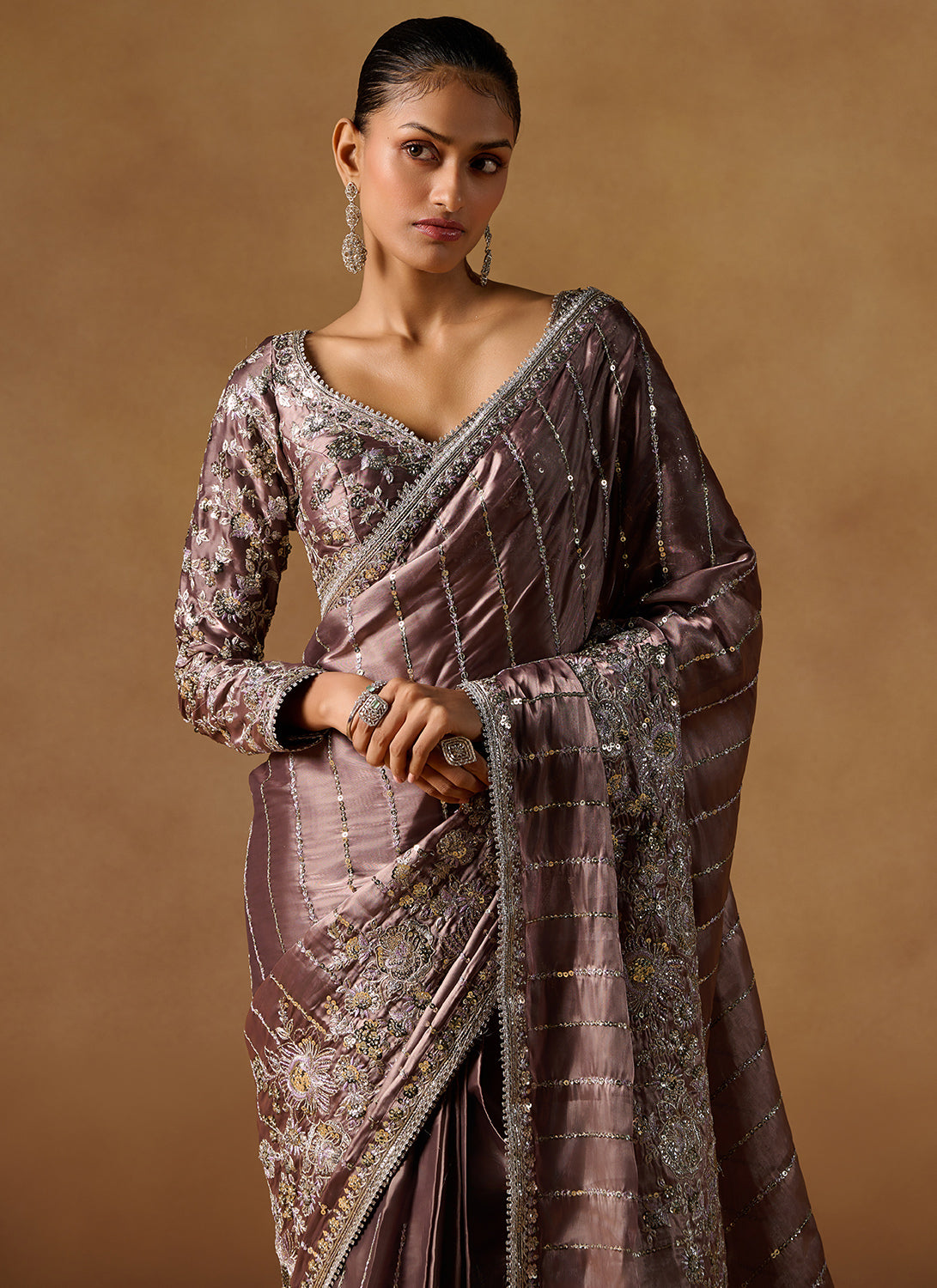 Dusty Brown Embroidered Tissue Saree