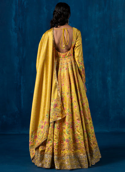 Yellow Embroidered Crepe Silk Anarkali