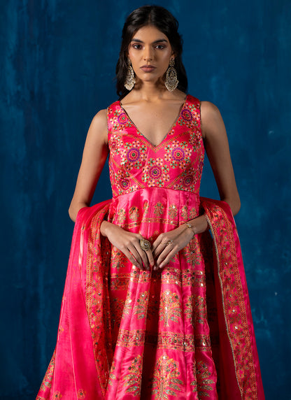 Hot Pink Multicolor Embroidered Anarkali