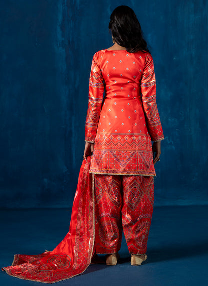 Red Orange Multicolor Embroidered Punjabi Suit