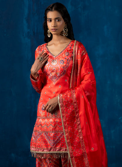 Red Orange Multicolor Embroidered Punjabi Suit